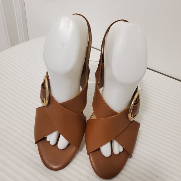 Ann Taylor Cognac in Color Leather Double Strap Buckle Close Block Sanda… - Picture 4 of 13